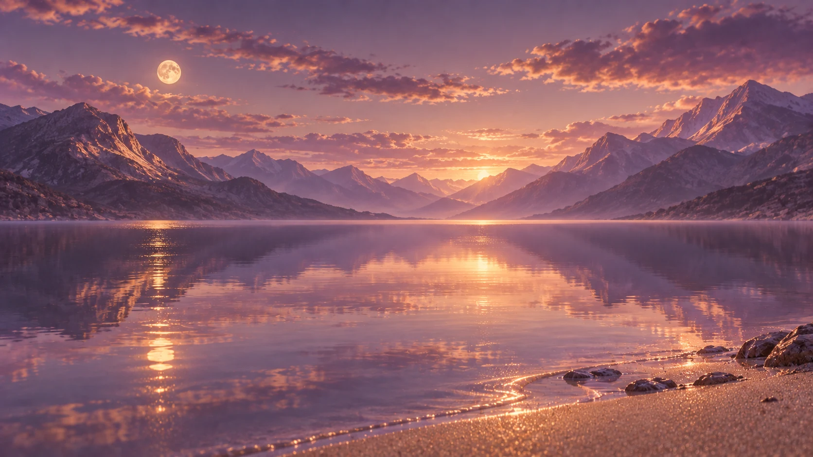 A still lilac mountain lake reflecting a golden horizon beneath a pale moon