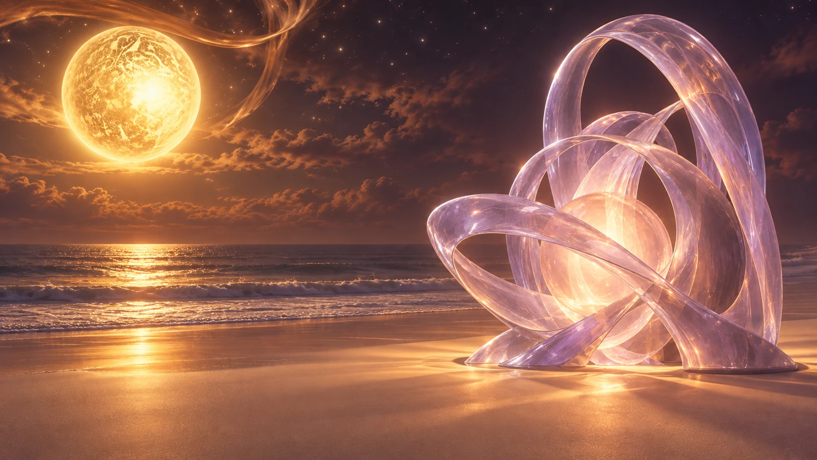 Luminous lilac crystal ribbons on clean champagne sand, with a golden celestial moon above the ocean at the upper left