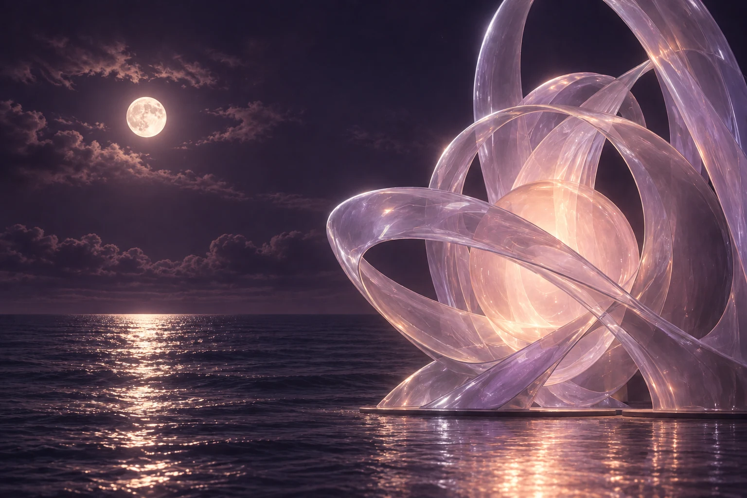 Moonlight on the ocean beside a luminous glass sculpture
